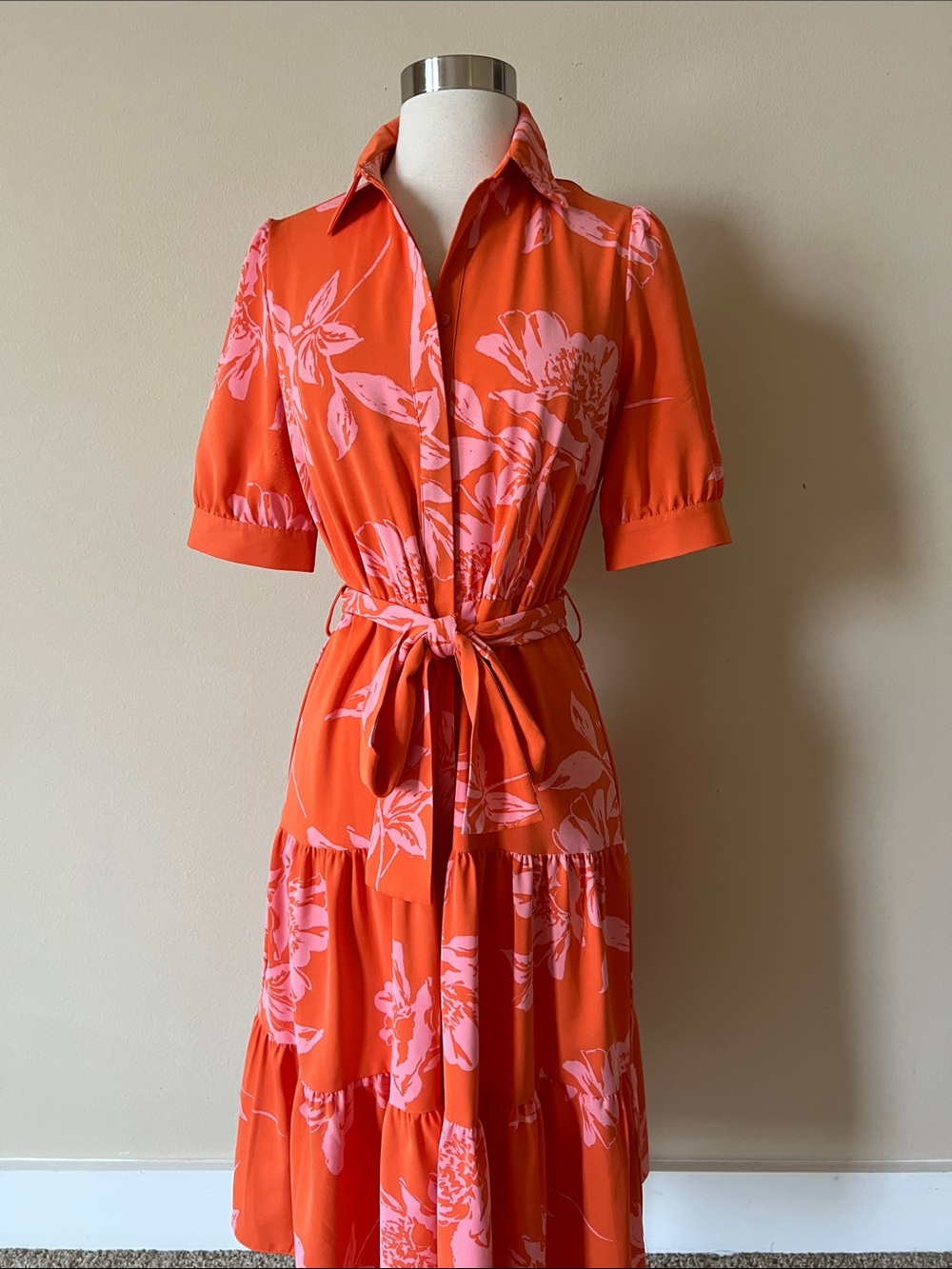 Nicole Miller Women's Orange Floral Tie-Waist Shirt Dress
